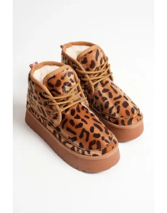 Elena Kadın Kışlık İçi Kürklü Kalın Taban Leopar Desen Bot