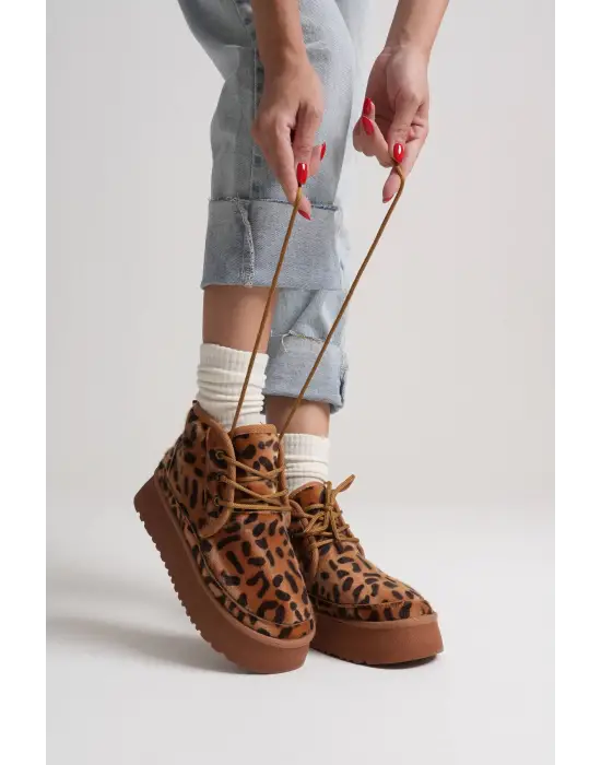 Elena Kadın Kışlık İçi Kürklü Kalın Taban Leopar Desen Bot