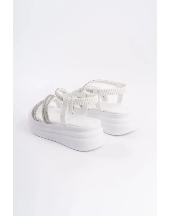 Elena Lastikli Taşlı Şeritli Ortopedik Taban Kadın Sandalet  Bt - Beyaz