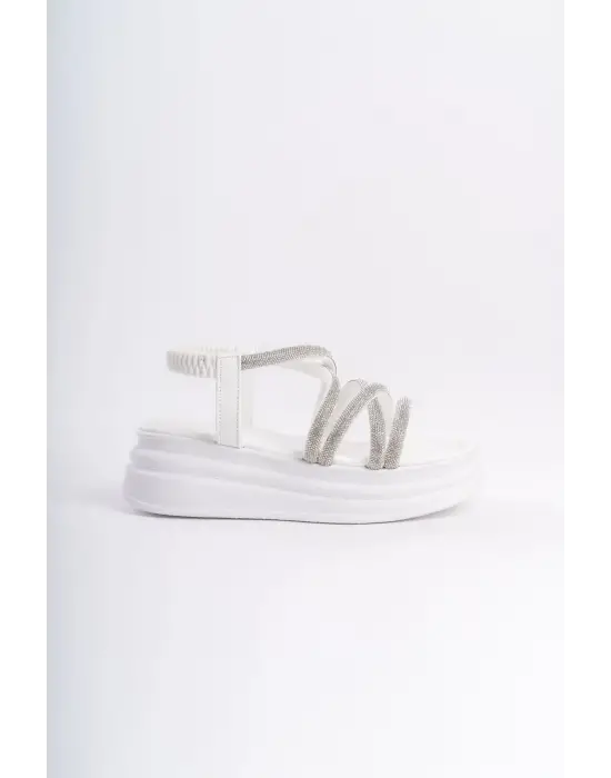 Elena Lastikli Taşlı Şeritli Ortopedik Taban Kadın Sandalet  Bt - Beyaz