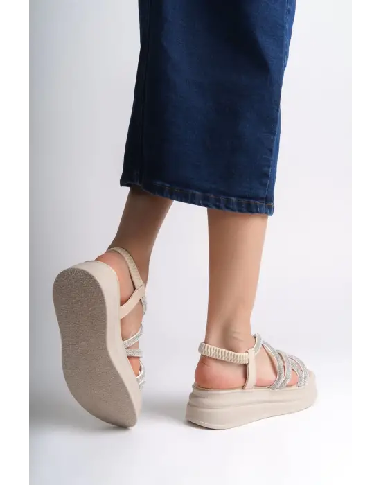 Elena Lastikli Taşlı Şeritli Ortopedik Taban Kadın Sandalet  Kt - Krem