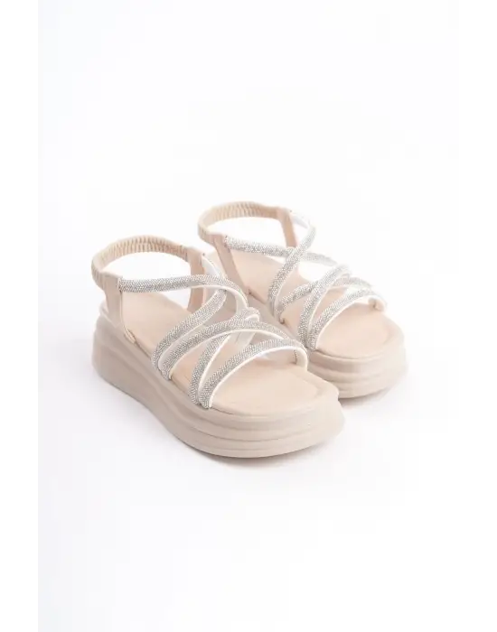 Elena Lastikli Taşlı Şeritli Ortopedik Taban Kadın Sandalet  Kt - Krem