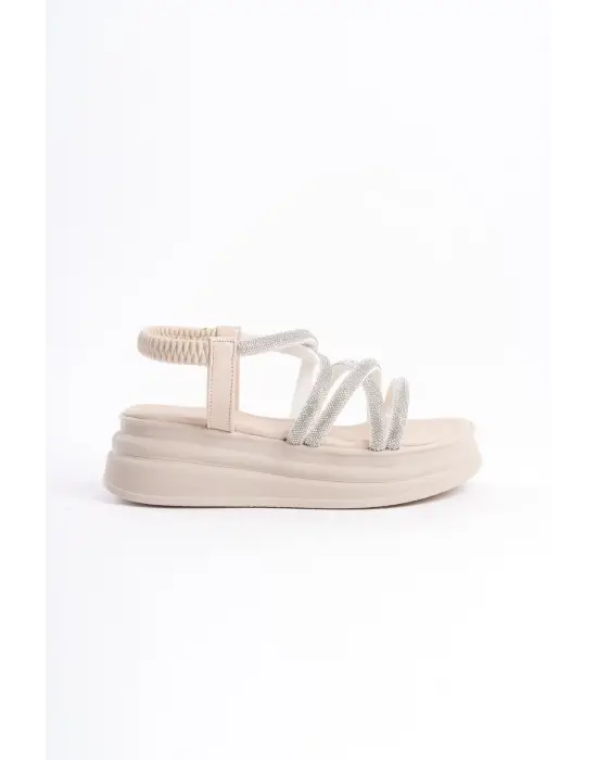Elena Lastikli Taşlı Şeritli Ortopedik Taban Kadın Sandalet  Kt - Krem