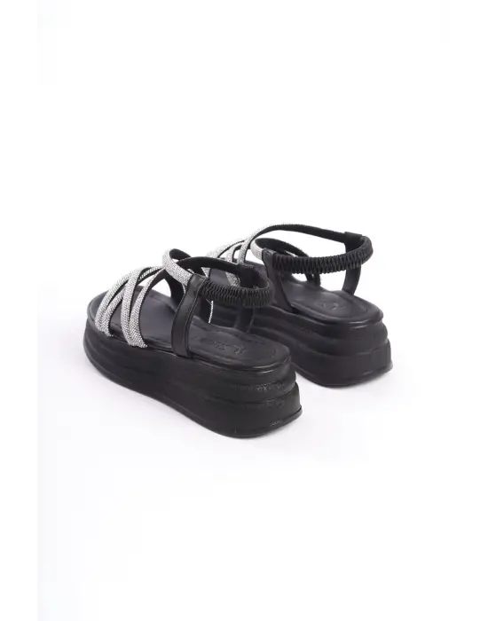 Elena Lastikli Taşlı Şeritli Ortopedik Taban Kadın Sandalet St - Siyah