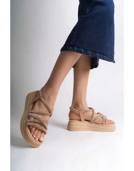 Elena Lastikli Taşlı Şeritli Ortopedik Taban Kadın Sandalet Tt - Ten