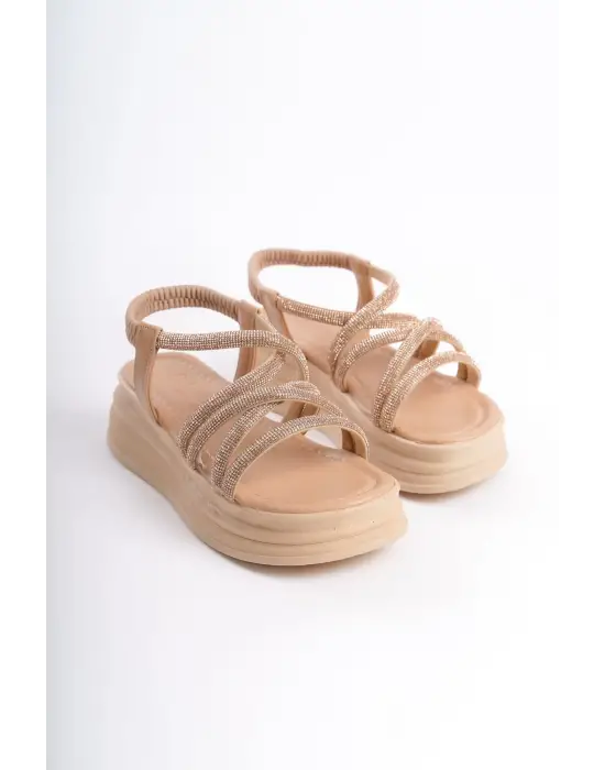Elena Lastikli Taşlı Şeritli Ortopedik Taban Kadın Sandalet Tt - Ten