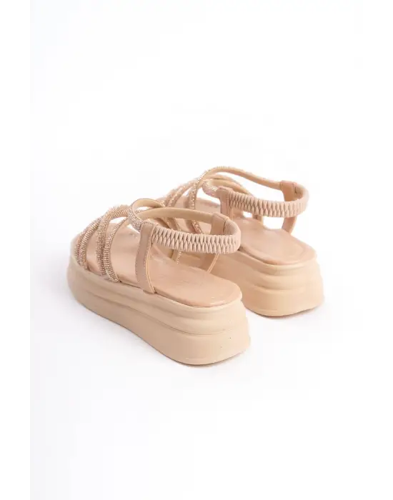 Elena Lastikli Taşlı Şeritli Ortopedik Taban Kadın Sandalet Tt - Ten