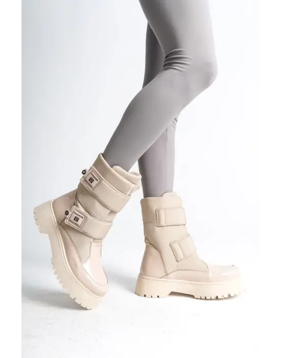 Elısa Cırt Cırtlı  Paraşüt Kumaş Rugan Kadın Bot Kt - Krem