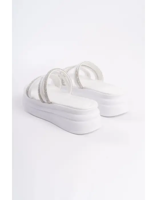 Elıse Düz Topuklu Şeritli Taşlı Kalın Ve Ortopedik Taban Kadın Terlik  Bt - Beyaz