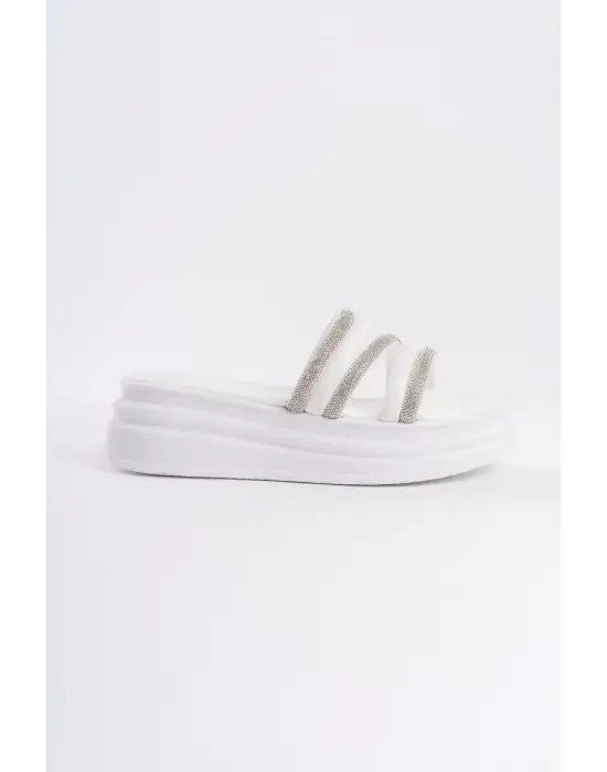 Elıse Düz Topuklu Şeritli Taşlı Kalın Ve Ortopedik Taban Kadın Terlik  Bt - Beyaz
