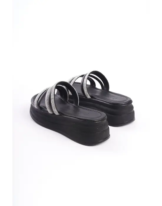 Elıse Düz Topuklu Şeritli Taşlı Kalın Ve Ortopedik Taban Kadın Terlik St - Siyah