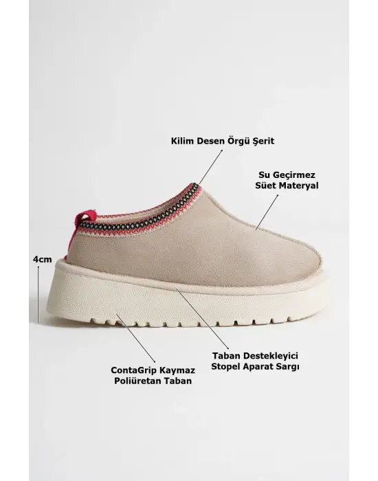 Elsa Kadın Bej Kışlık Kürklü Terlik