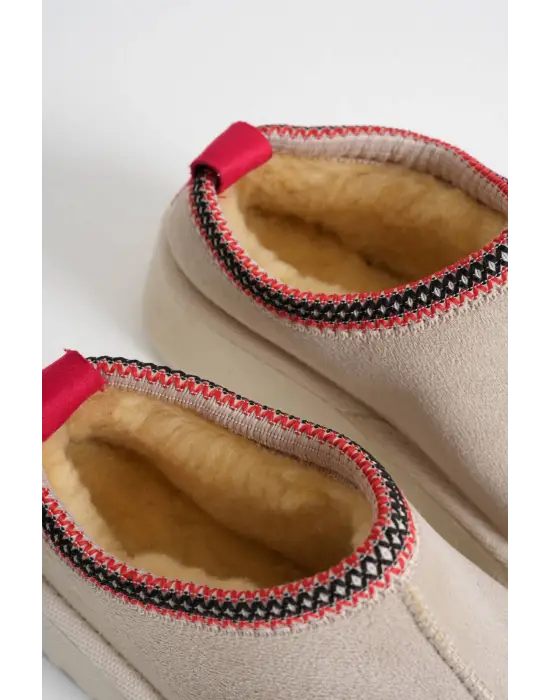 Elsa Kadın Bej Kışlık Kürklü Terlik