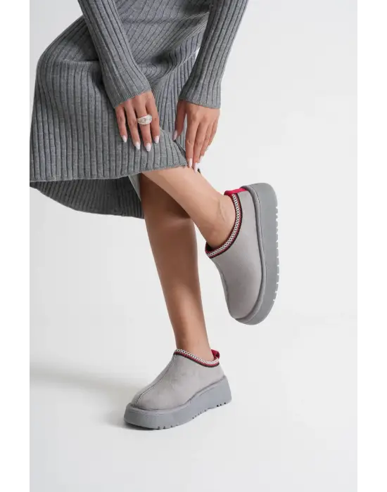 Elsa Kadın Gri Kışlık Kürklü Terlik