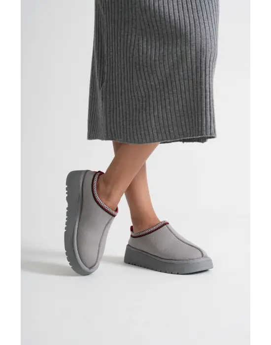 Elsa Kadın Gri Kışlık Kürklü Terlik