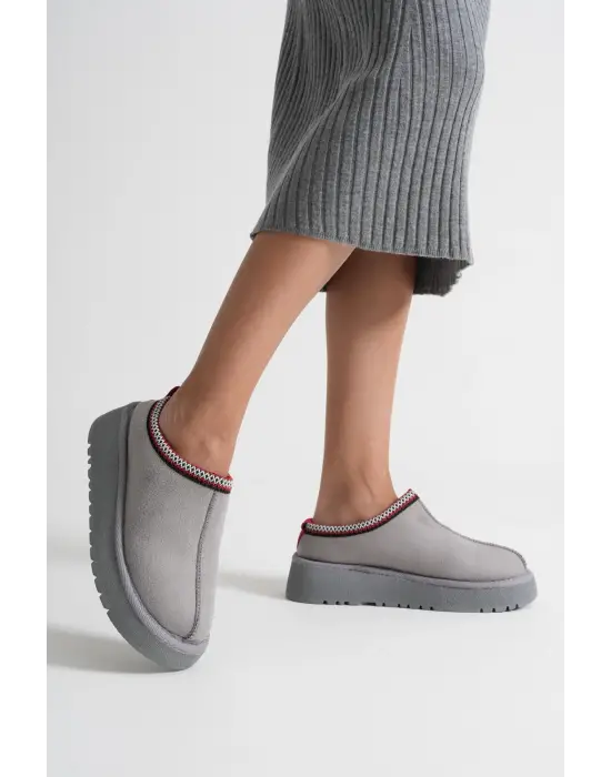 Elsa Kadın Gri Kışlık Kürklü Terlik