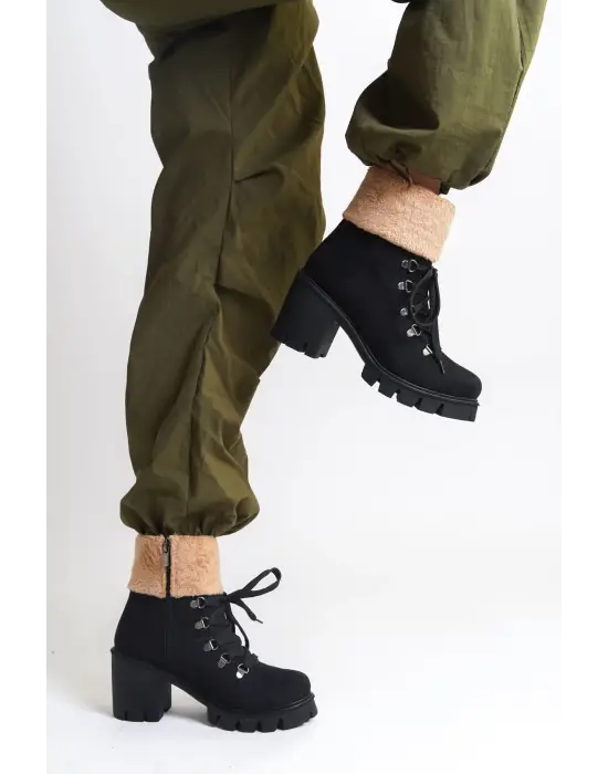 Emma Bağcıklı Fermuarlı Ortopedik Taban Topuklu Kürk Detaylı Süet Kadın Bot St - Siyah