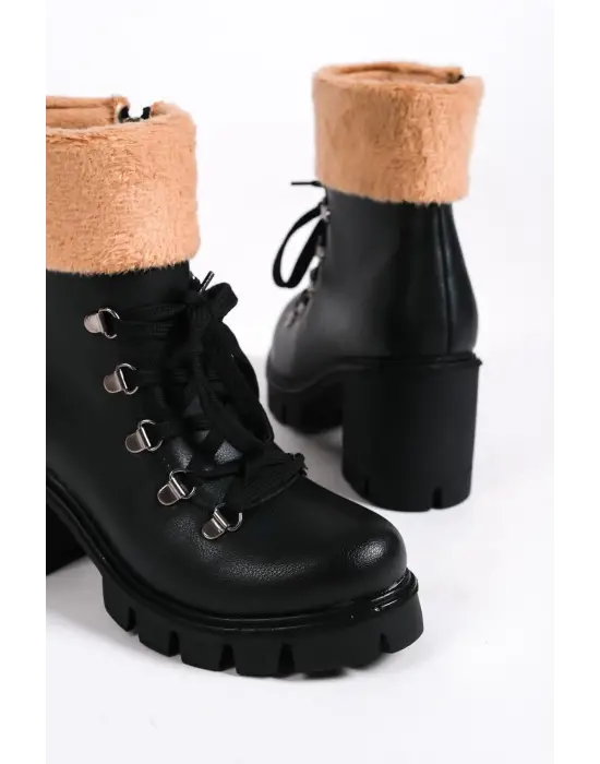 Emma Bağcıklı Fermuarlı Ortopedik Taban Topuklu Kürk Detaylıkadın Bot  St - Siyah