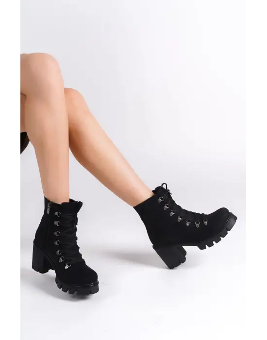 Emma Bağcıklı Fermuarlı Ortopedik Taban Topuklu Süet Kadın Bot  Sst - Siyah