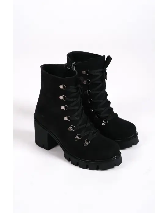 Emma Bağcıklı Fermuarlı Ortopedik Taban Topuklu Süet Kadın Bot  Sst - Siyah