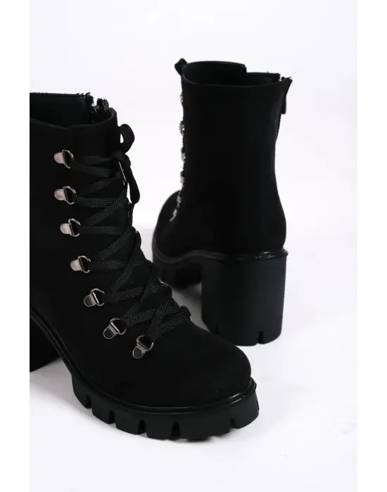 Emma Bağcıklı Fermuarlı Ortopedik Taban Topuklu Süet Kadın Bot  Sst - Siyah