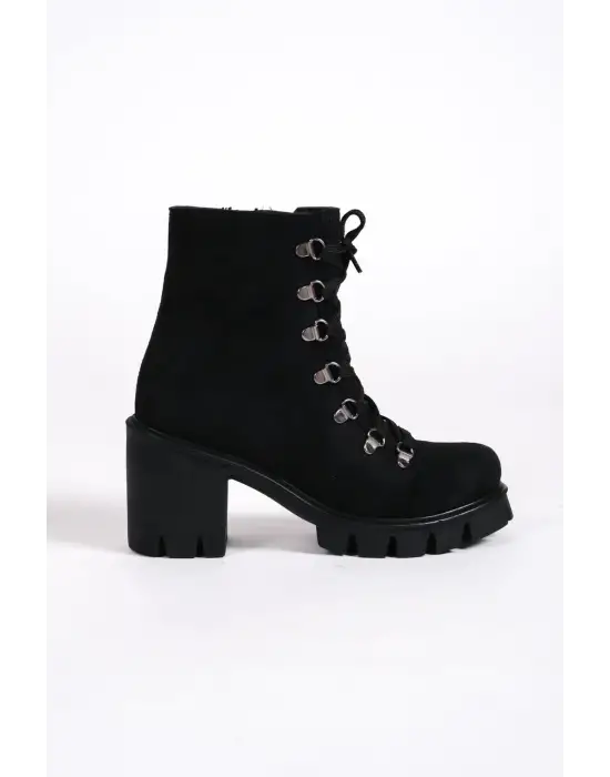 Emma Bağcıklı Fermuarlı Ortopedik Taban Topuklu Süet Kadın Bot  Sst - Siyah