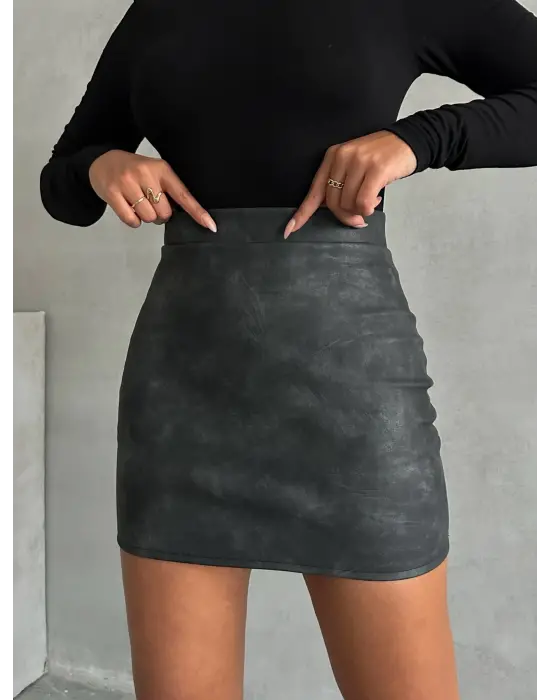 Eskitme Deri Mini Etek