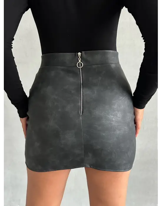 Eskitme Deri Mini Etek