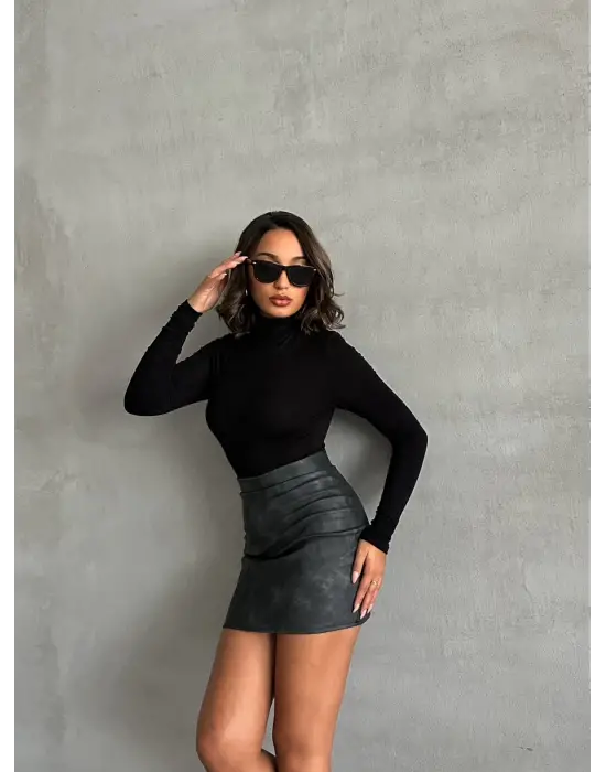 Eskitme Deri Mini Etek