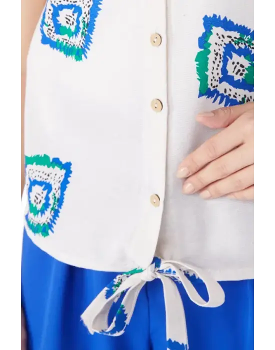 Etek Ucu Bağlamalı Desenli Gömlek