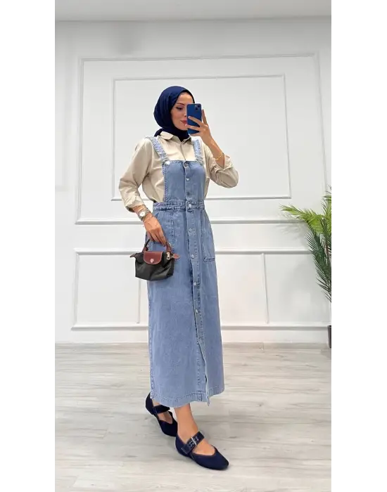 Etekli Salopet Enzim Süper Taş Yıkama Buz Mavi D 2521