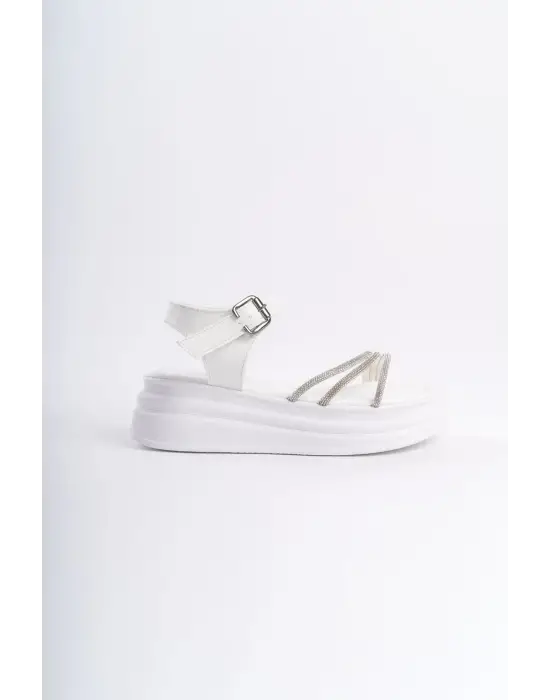 Eva Kalın Tokalı Taşlı Şeritli Ortopedik Taban Kadın Sandalet  Bt - Beyaz