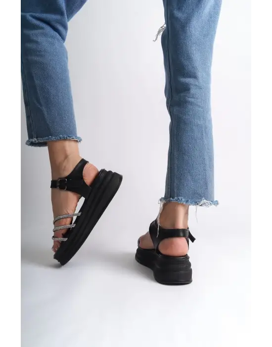 Eva Kalın Tokalı Taşlı Şeritli Ortopedik Taban Kadın Sandalet  St - Siyah