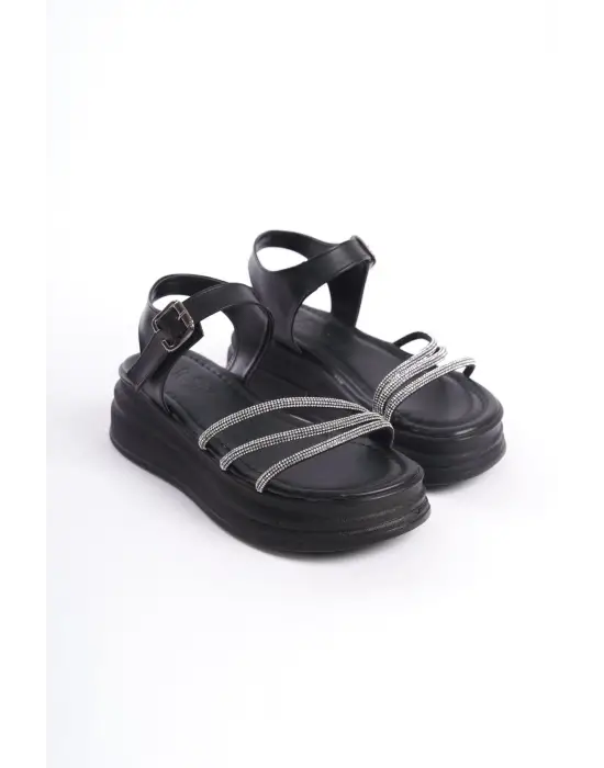 Eva Kalın Tokalı Taşlı Şeritli Ortopedik Taban Kadın Sandalet  St - Siyah