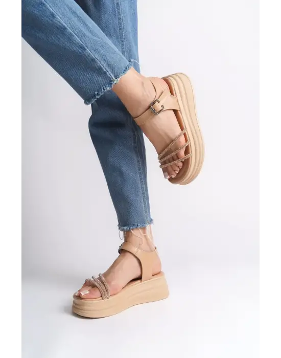 Eva Kalın Tokalı Taşlı Şeritli Ortopedik Taban Kadın Sandalet  Tt - Ten