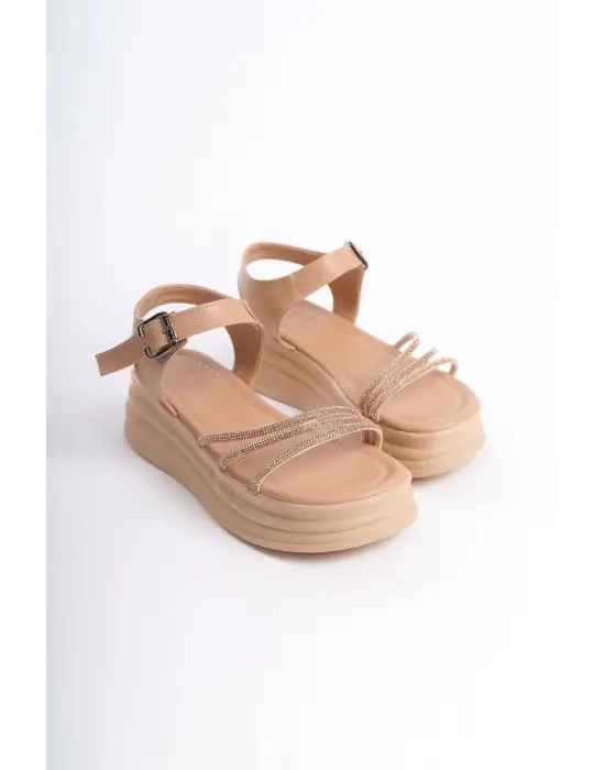 Eva Kalın Tokalı Taşlı Şeritli Ortopedik Taban Kadın Sandalet  Tt - Ten