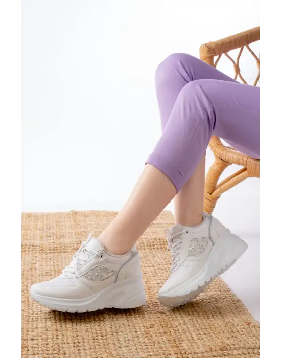 F-185 Beyaz Günlük Bağcıklı Taş Aksesuarlı Yazlık Spor Ayakkabı