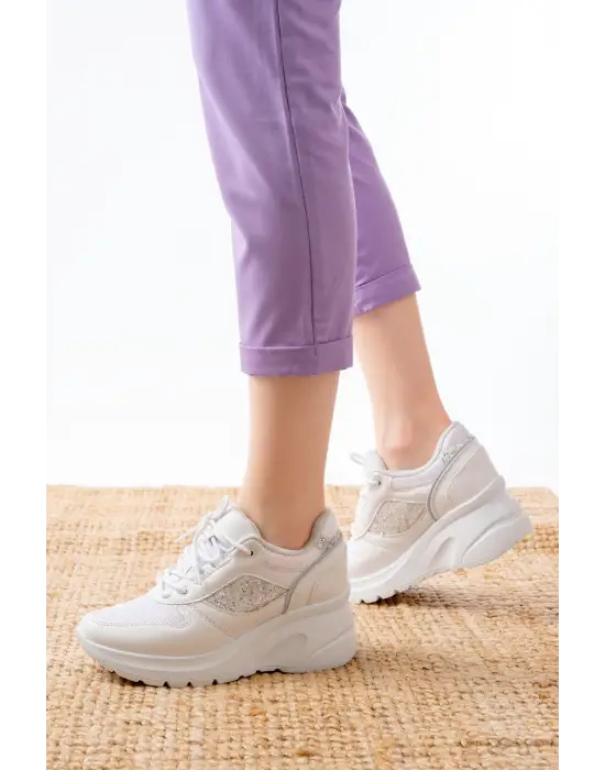 F-185 Beyaz Günlük Bağcıklı Taş Aksesuarlı Yazlık Spor Ayakkabı