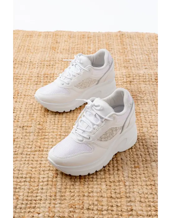 F-185 Beyaz Günlük Bağcıklı Taş Aksesuarlı Yazlık Spor Ayakkabı