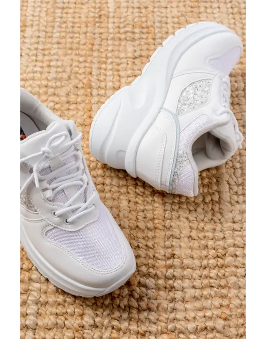 F-185 Beyaz Günlük Bağcıklı Taş Aksesuarlı Yazlık Spor Ayakkabı