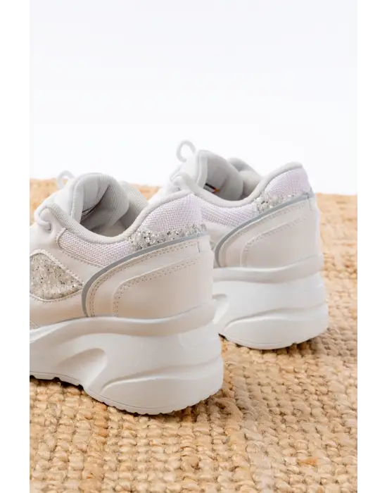 F-185 Beyaz Günlük Bağcıklı Taş Aksesuarlı Yazlık Spor Ayakkabı