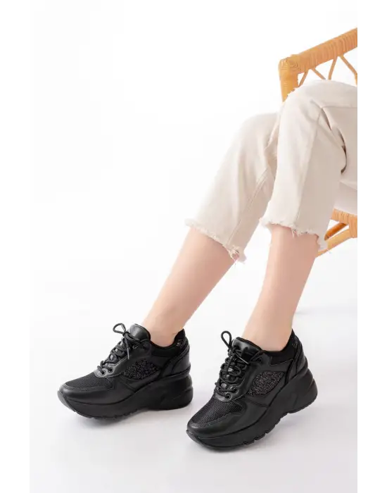 F-185 Siyah Günlük Bağcıklı Taş Aksesuarlı Yazlık Spor Ayakkabı