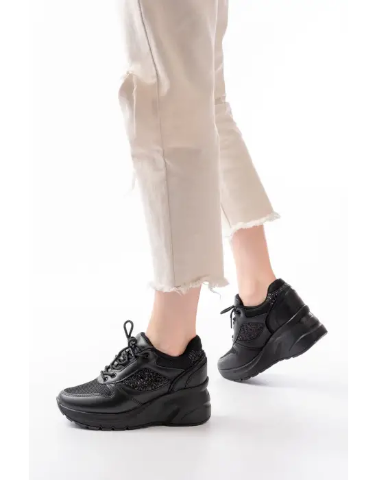 F-185 Siyah Günlük Bağcıklı Taş Aksesuarlı Yazlık Spor Ayakkabı