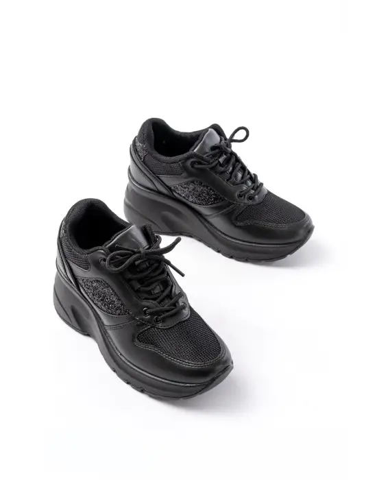 F-185 Siyah Günlük Bağcıklı Taş Aksesuarlı Yazlık Spor Ayakkabı