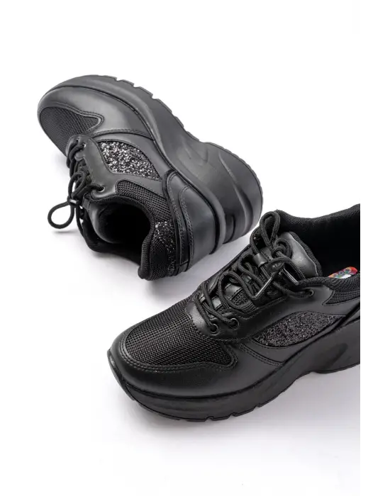 F-185 Siyah Günlük Bağcıklı Taş Aksesuarlı Yazlık Spor Ayakkabı