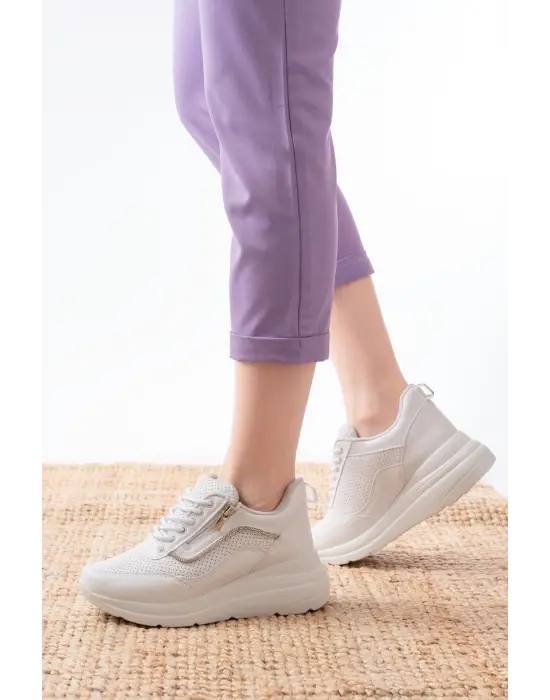 F-207 Beyaz Bağcıklı Fermuarlı Taş Aksesuarlı Mevsimlik Spor Ayakkabı