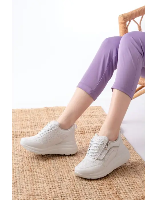 F-207 Beyaz Bağcıklı Fermuarlı Taş Aksesuarlı Mevsimlik Spor Ayakkabı