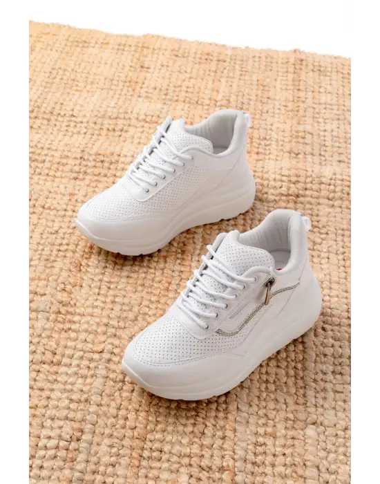 F-207 Beyaz Bağcıklı Fermuarlı Taş Aksesuarlı Mevsimlik Spor Ayakkabı