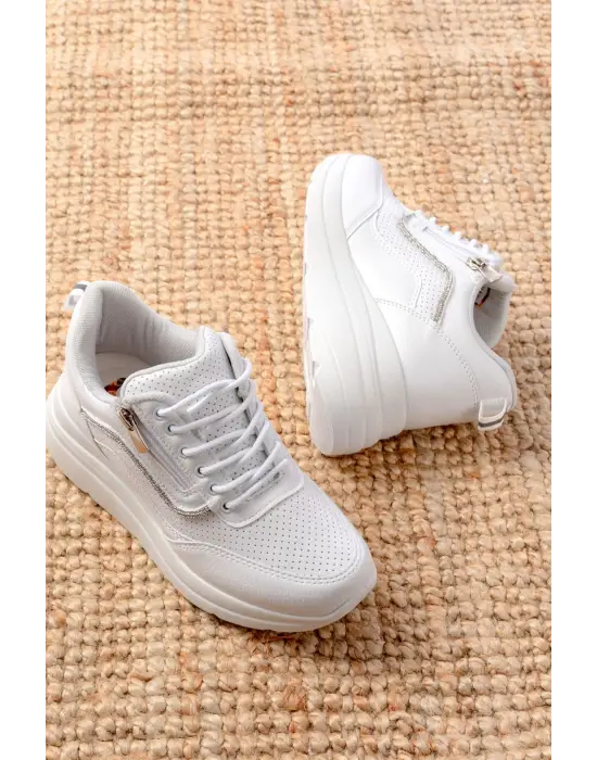 F-207 Beyaz Bağcıklı Fermuarlı Taş Aksesuarlı Mevsimlik Spor Ayakkabı