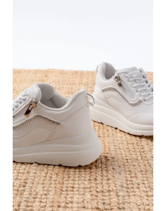 F-207 Beyaz Bağcıklı Fermuarlı Taş Aksesuarlı Mevsimlik Spor Ayakkabı